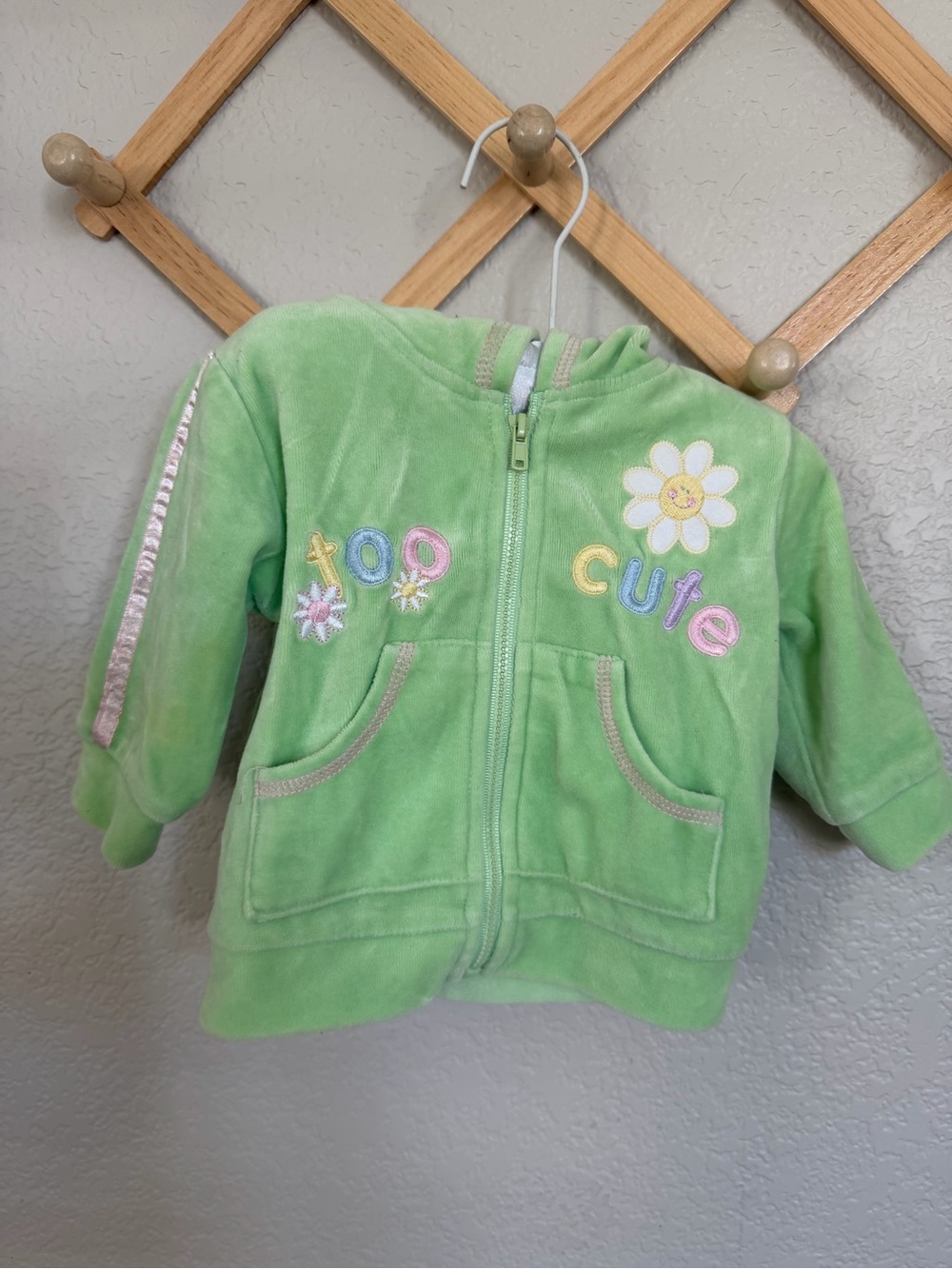 Vintage Y2K Baby Girl Velour Hoodie Too Cute Daisy Pastel 3-6M